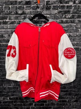 Levi's Red and White Varsity Bomber style Zip-Up Jacket Large